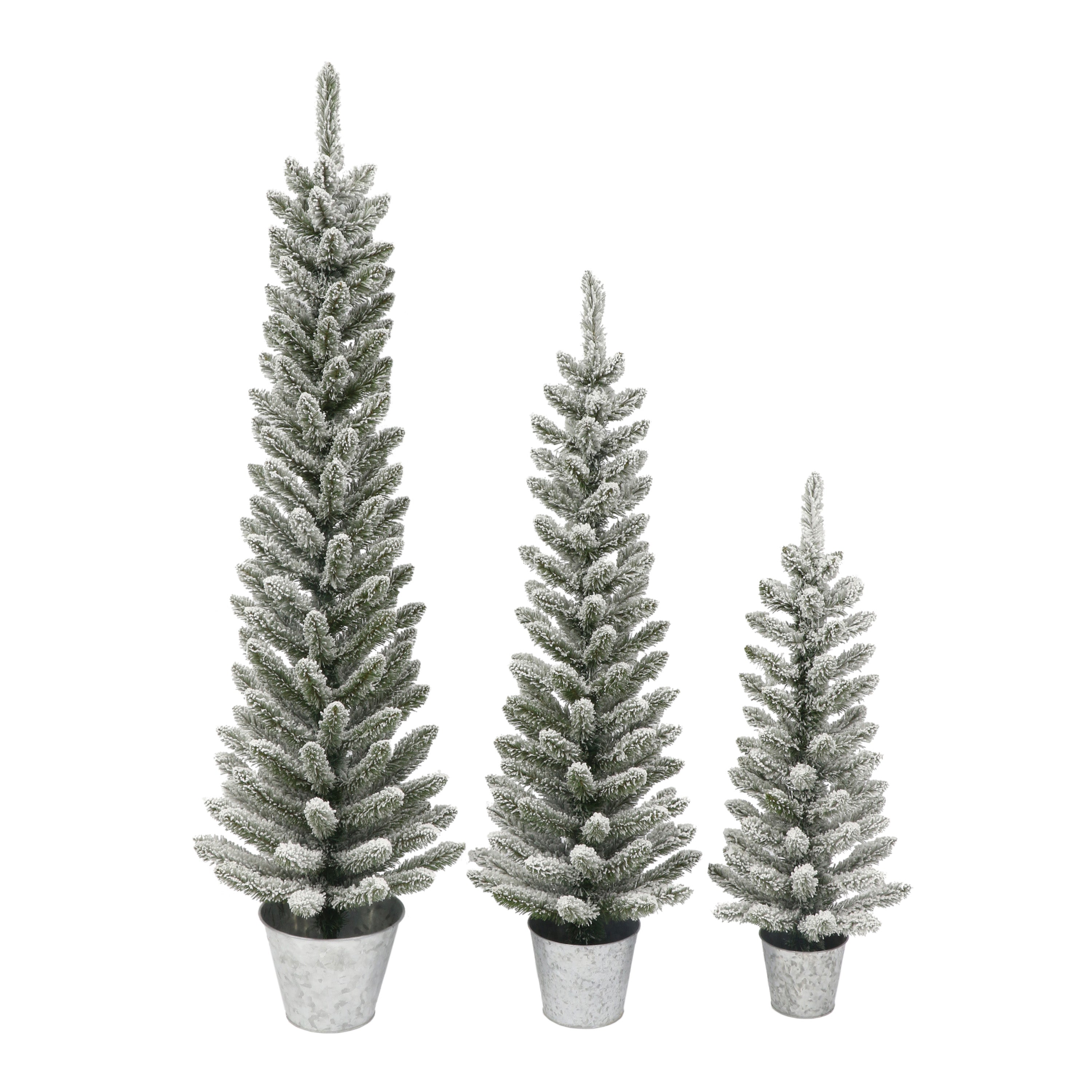 Potted Flocked Pencil Trees in 3ft, 4ft & 5ft sizes, 322 Tips, Galvanized Pots 2635A-ST303